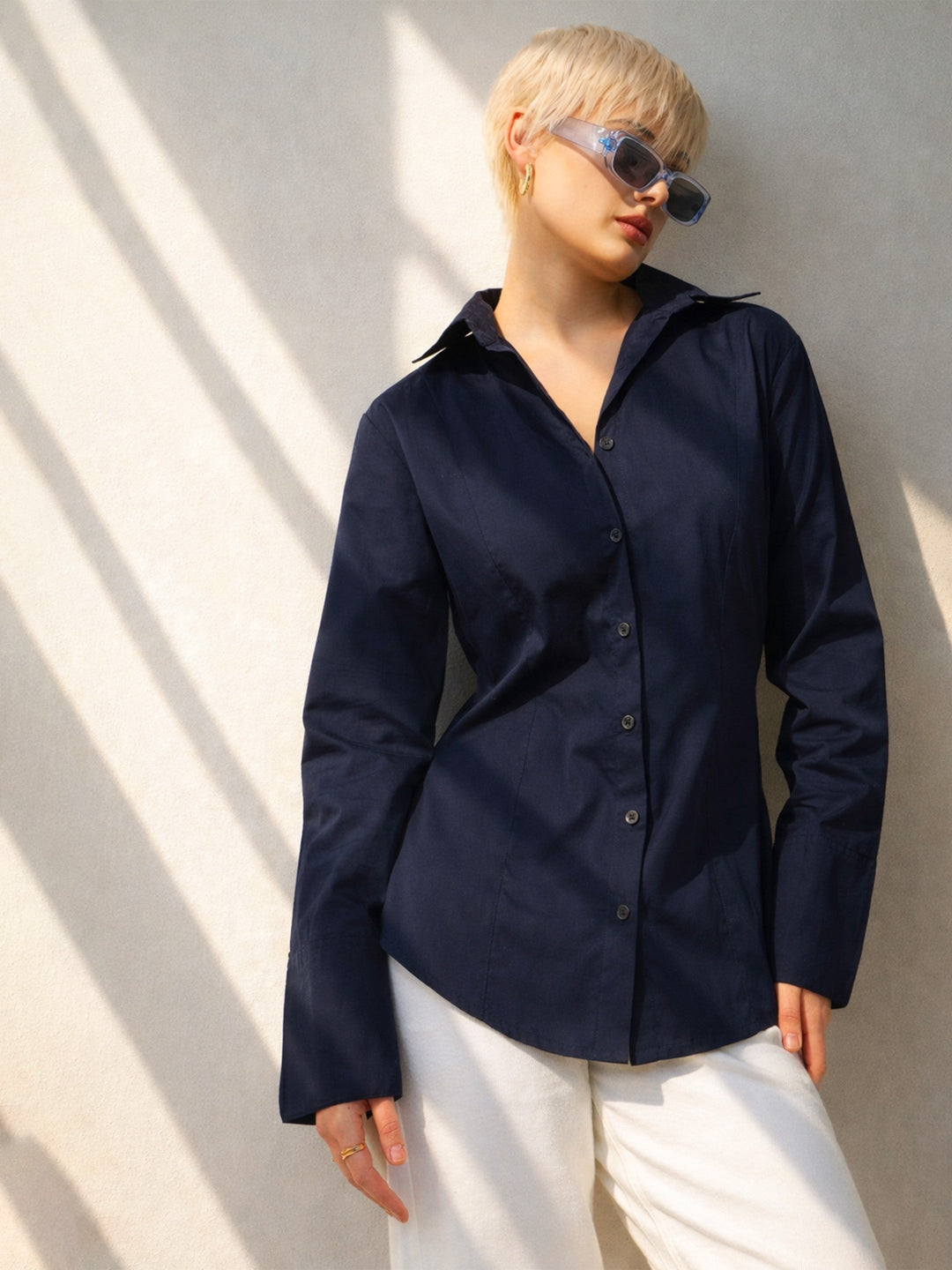 Women Navy Slim Fit Poplin Shirt