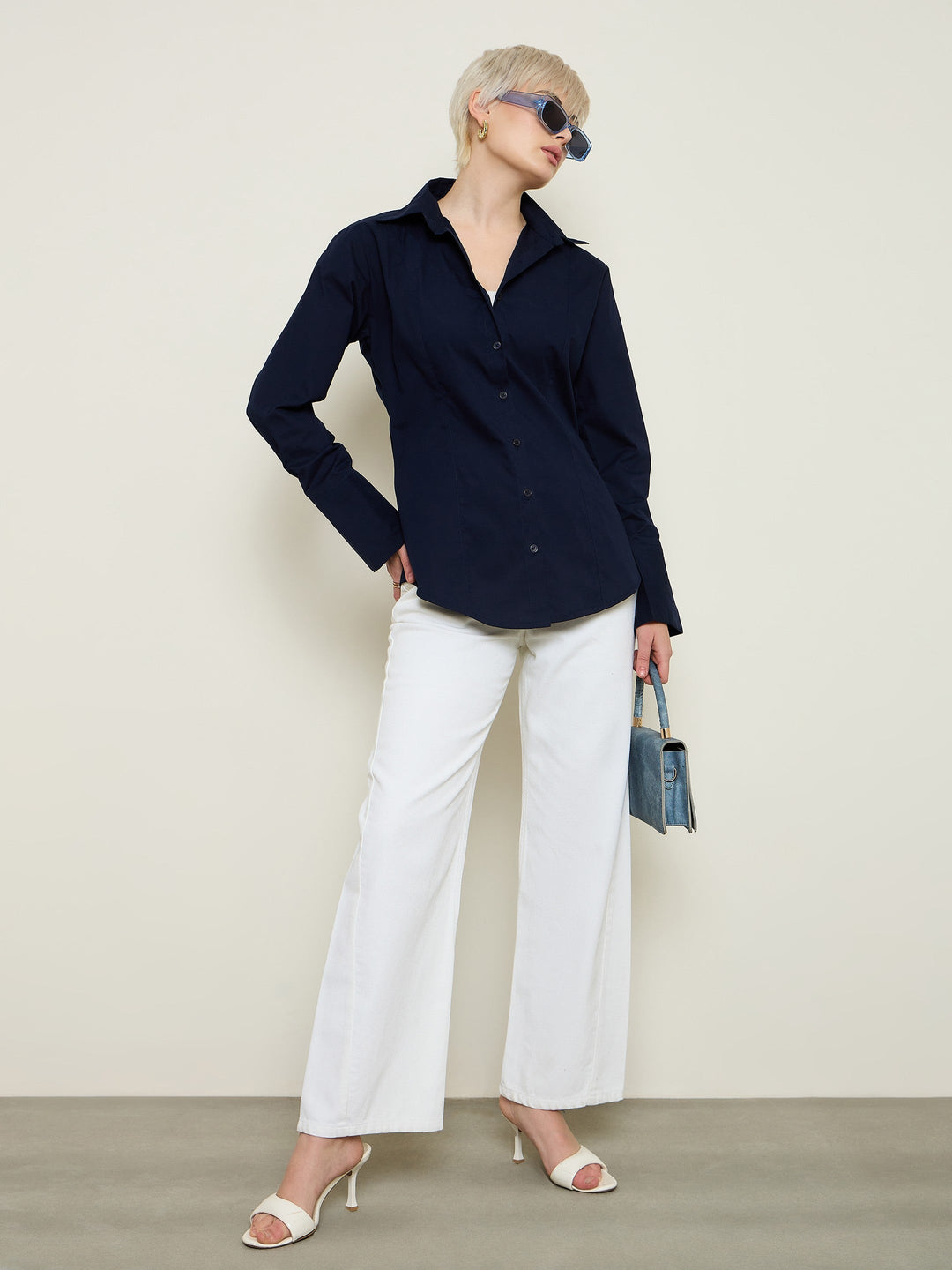 Women Navy Slim Fit Poplin Shirt