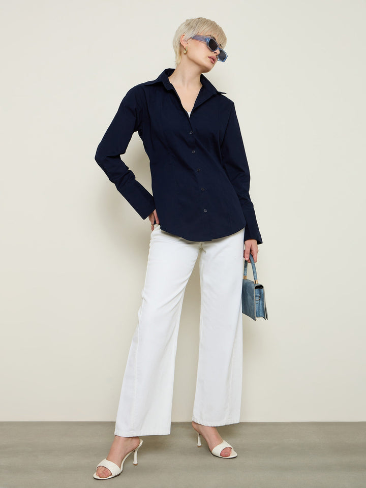 Women Navy Slim Fit Poplin Shirt