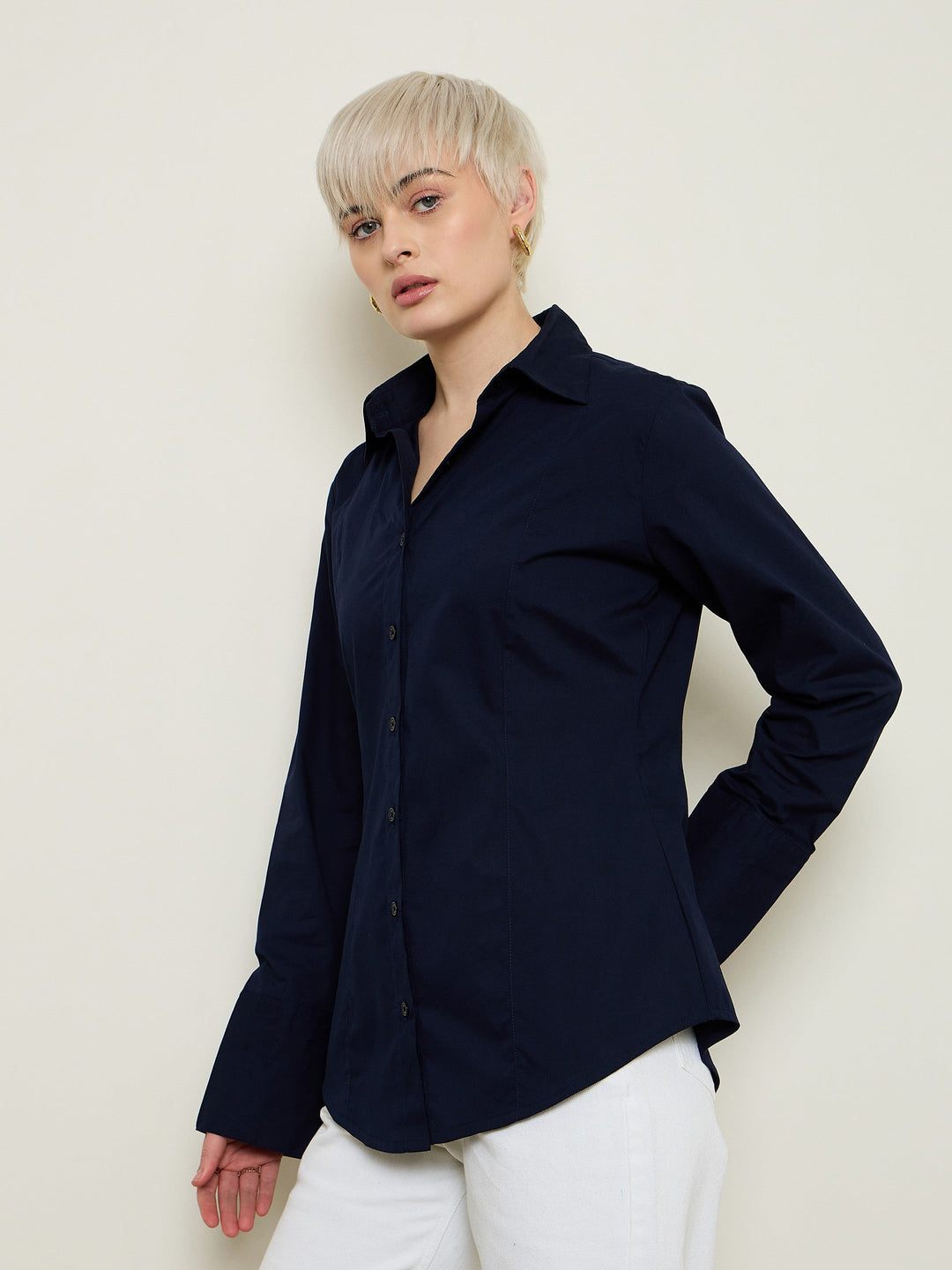 Women Navy Slim Fit Poplin Shirt