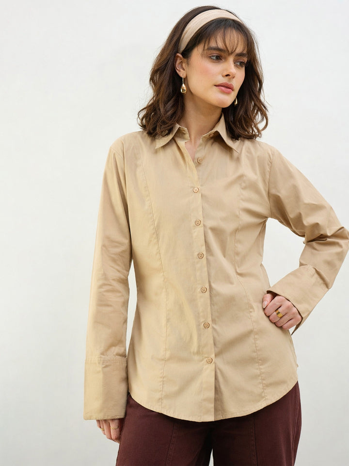 Women Beige Slim Fit Poplin Shirt