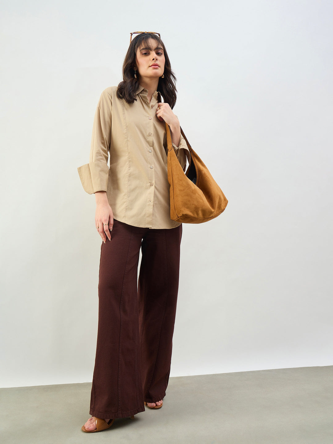 Women Beige Slim Fit Poplin Shirt