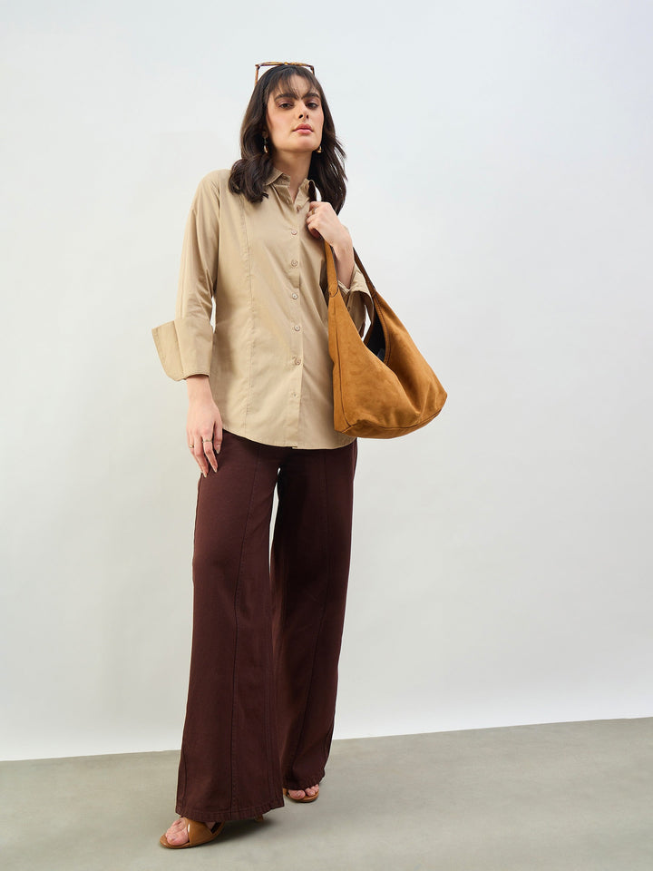 Women Beige Slim Fit Poplin Shirt