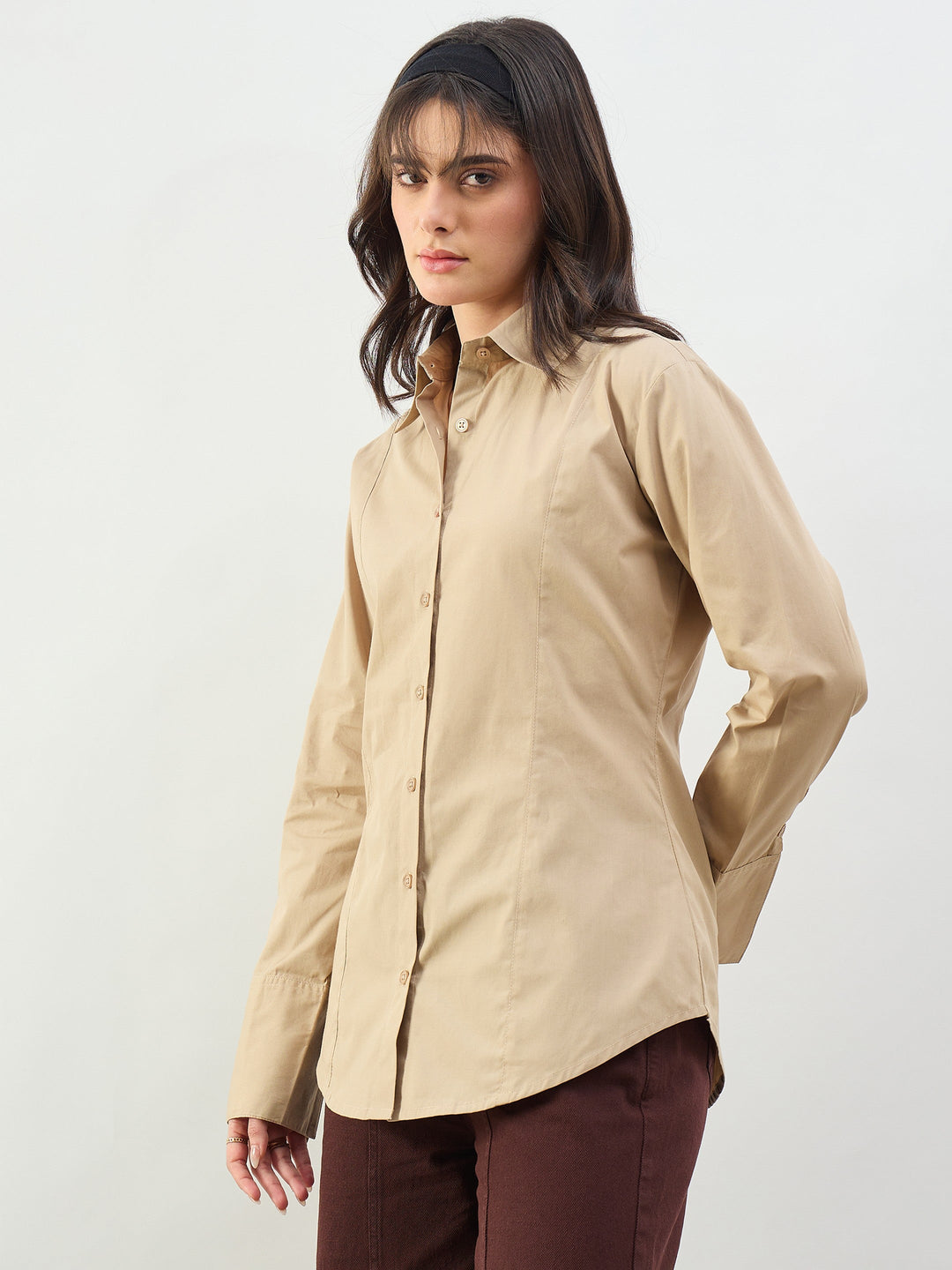 Women Beige Slim Fit Poplin Shirt