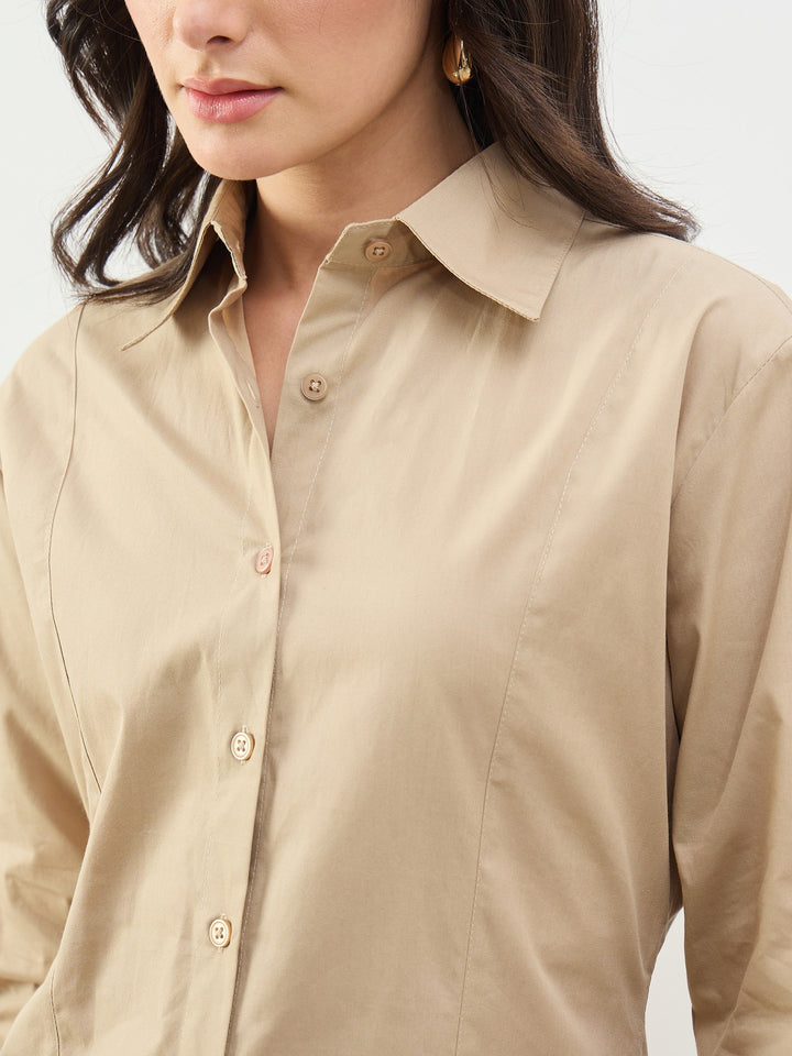 Women Beige Slim Fit Poplin Shirt
