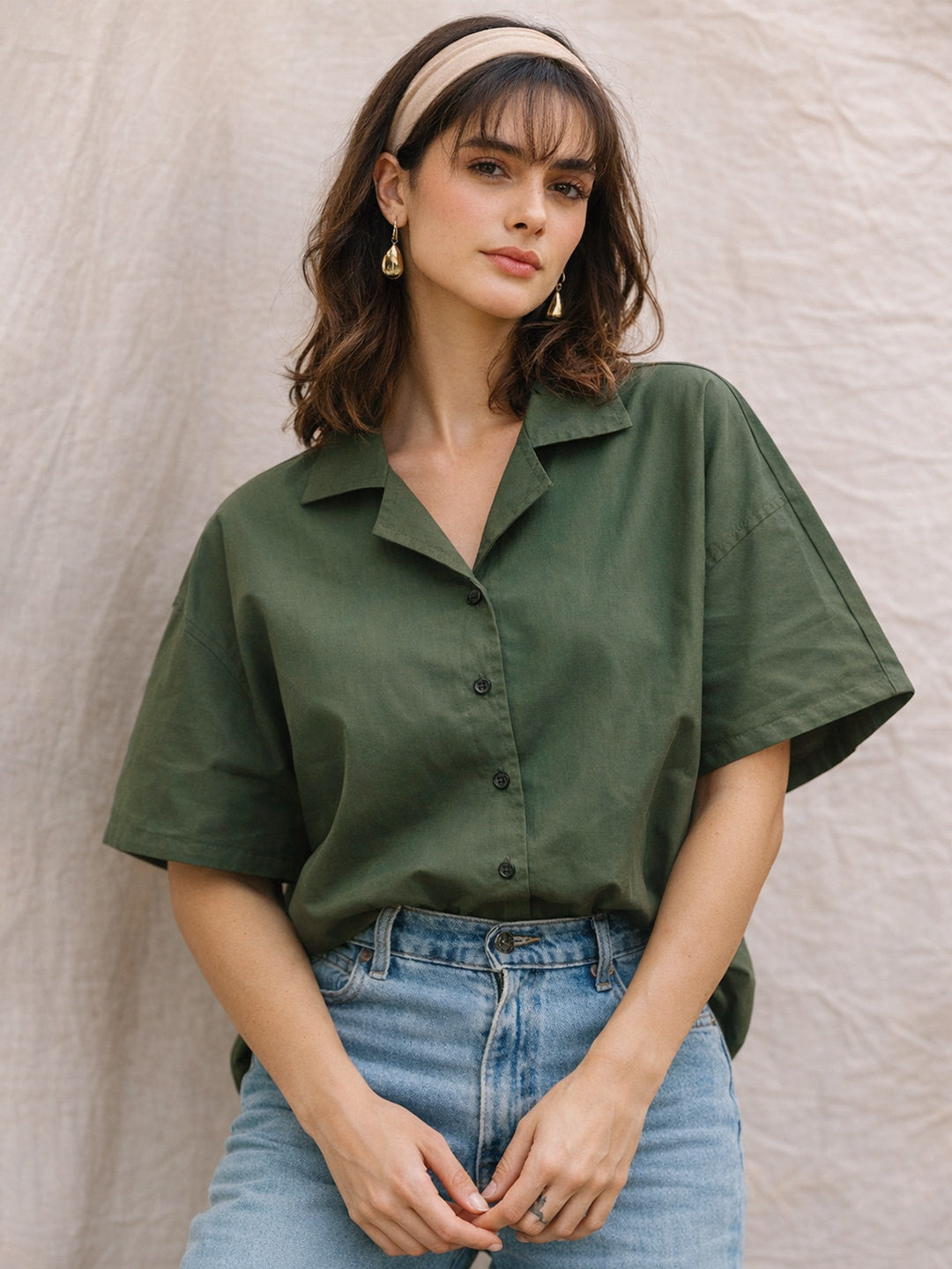 Women Olive Boxy Fit Poplin Crop Shirt