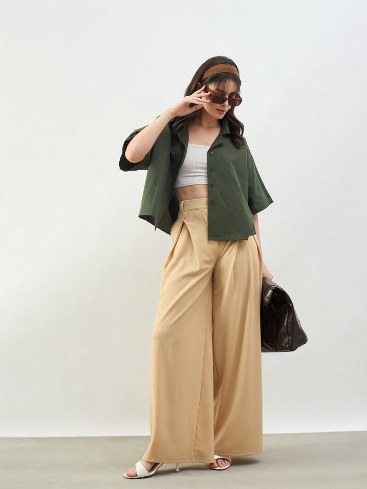 Women Olive Boxy Fit Poplin Crop Shirt
