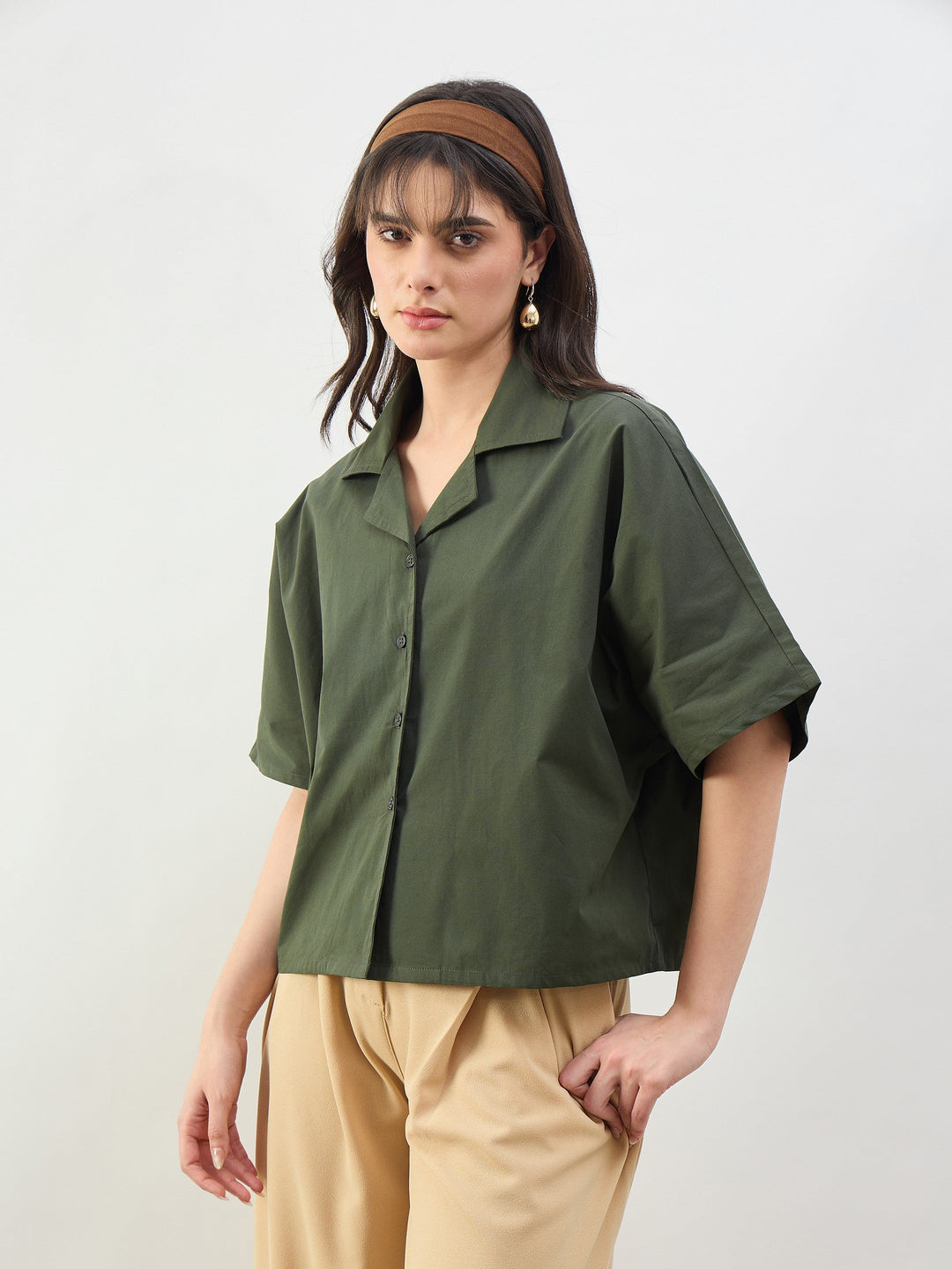 Women Olive Boxy Fit Poplin Crop Shirt