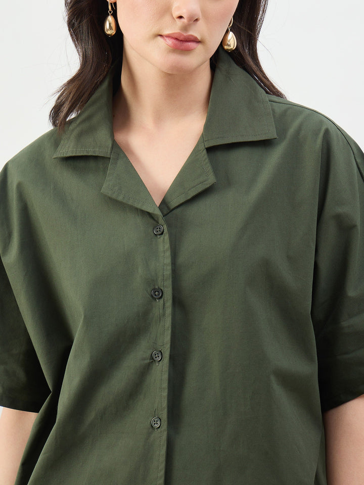 Women Olive Boxy Fit Poplin Crop Shirt