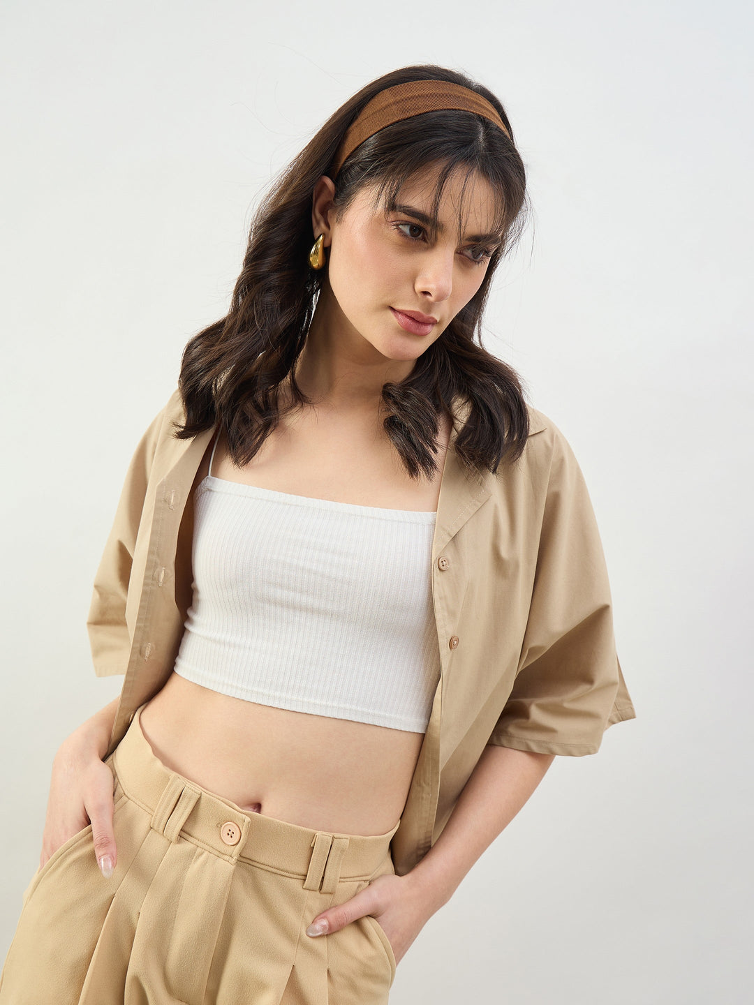 Women Beige Boxy Fit Poplin Crop Shirt