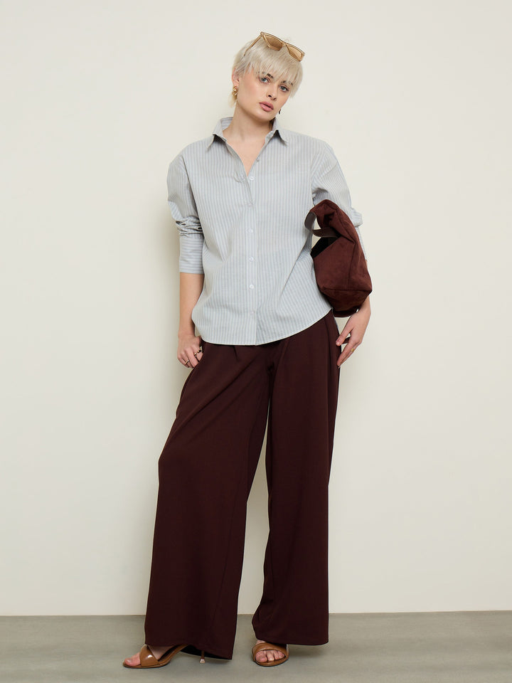 Women Grey Stripe High-Low Boxy Poplin Shirt