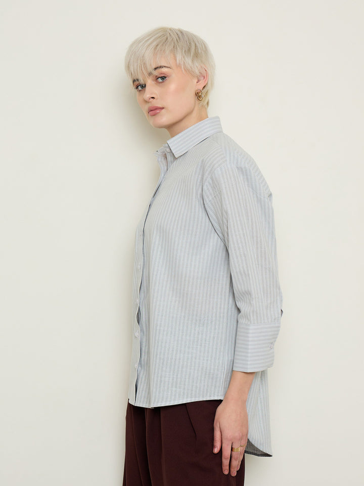 Women Grey Stripe High-Low Boxy Poplin Shirt