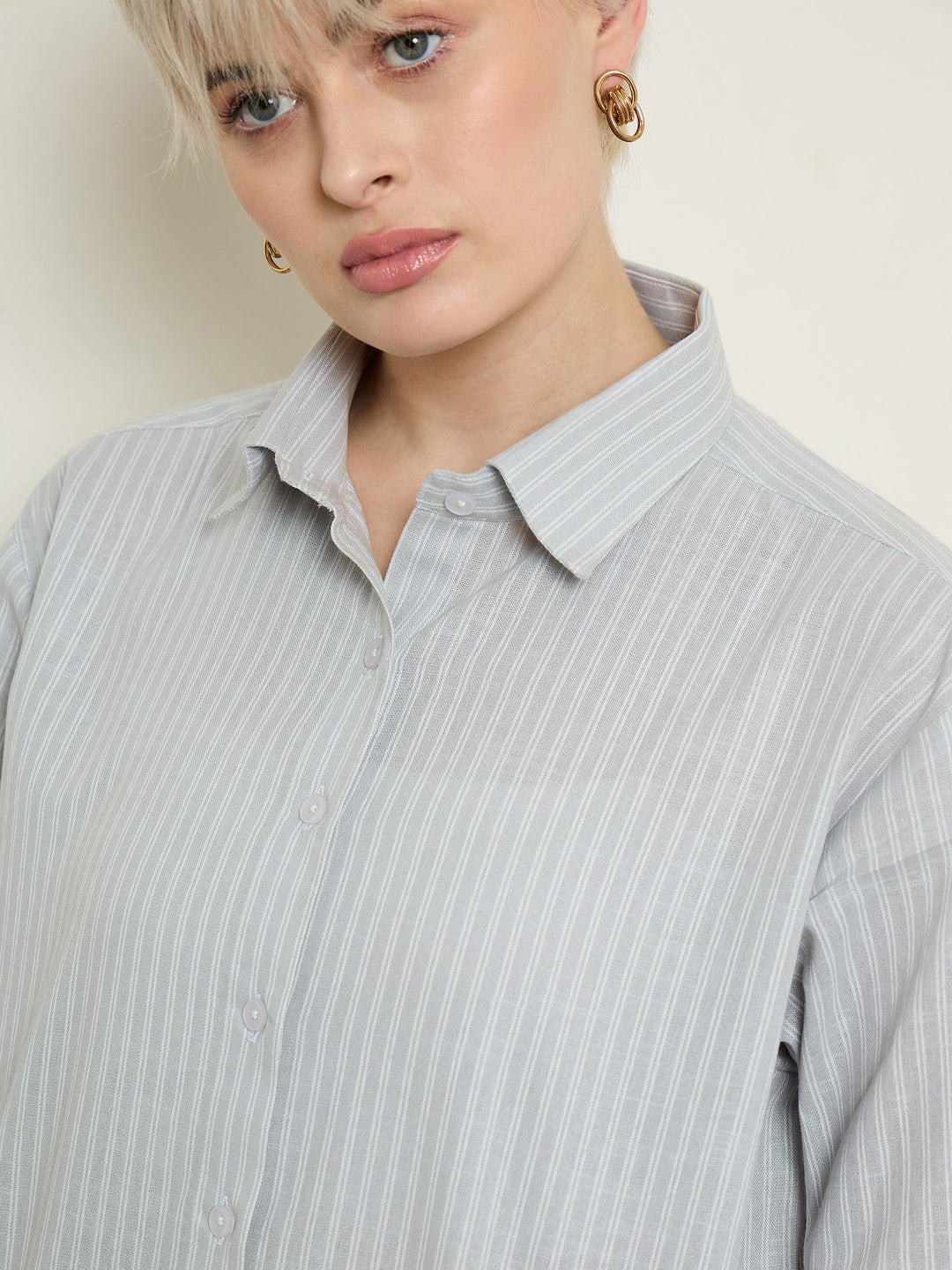 Women Grey Stripe High-Low Boxy Poplin Shirt