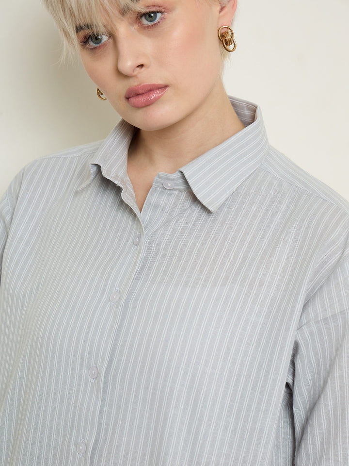 Women Grey Stripe High-Low Boxy Poplin Shirt