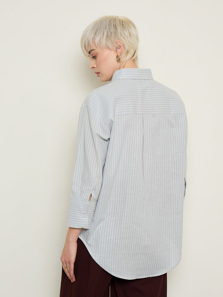 Women Grey Stripe High-Low Boxy Poplin Shirt