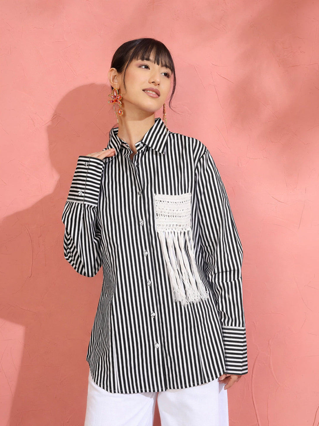 Women Black &amp; White Stripe Slim Fit Shirt