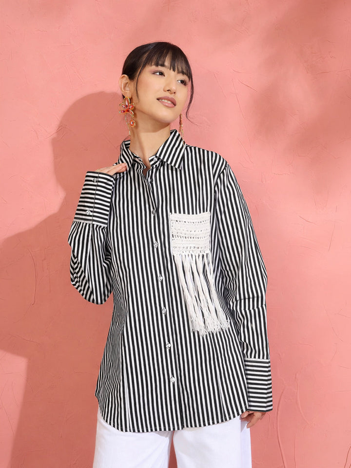 Women Black &amp; White Stripe Slim Fit Shirt