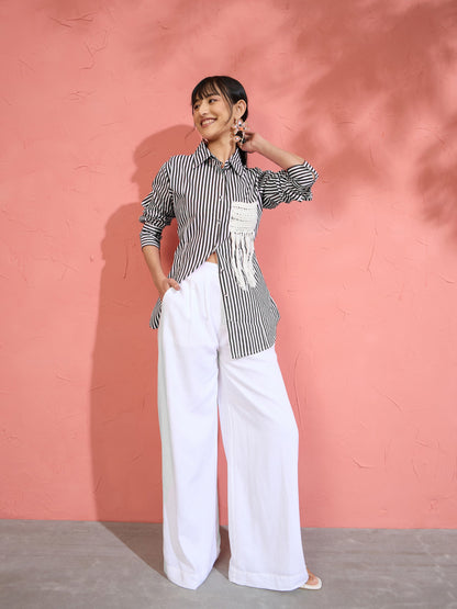 Women Black & White Stripe Slim Fit Shirt