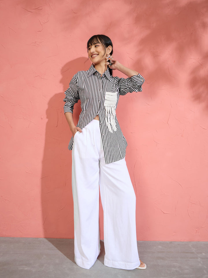 Women Black &amp; White Stripe Slim Fit Shirt