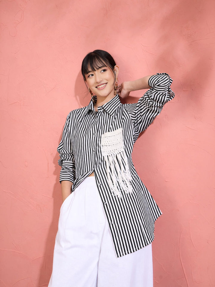 Women Black &amp; White Stripe Slim Fit Shirt