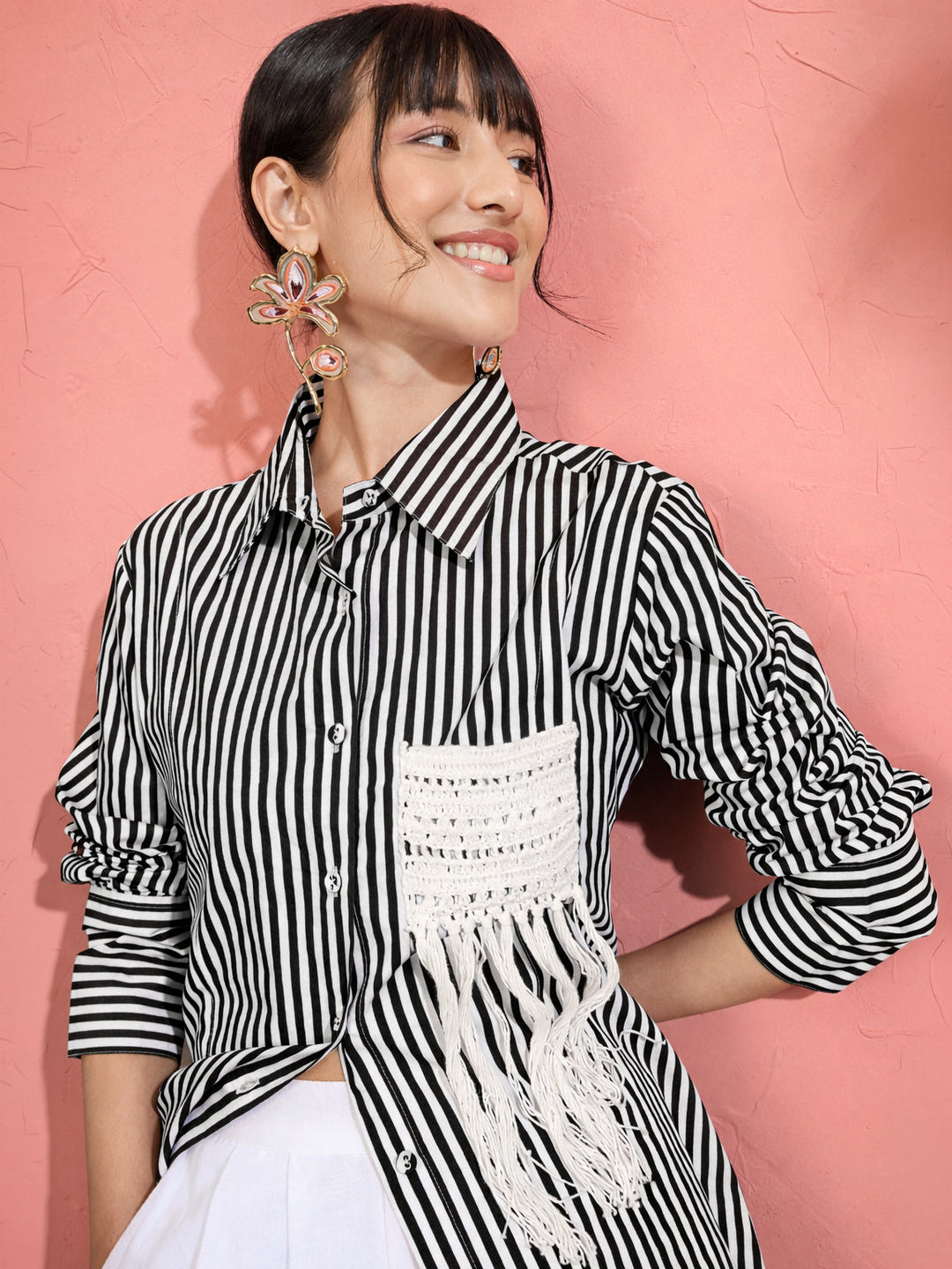 Women Black &amp; White Stripe Slim Fit Shirt