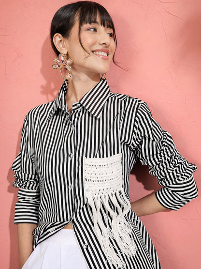 Women Black & White Stripe Slim Fit Shirt