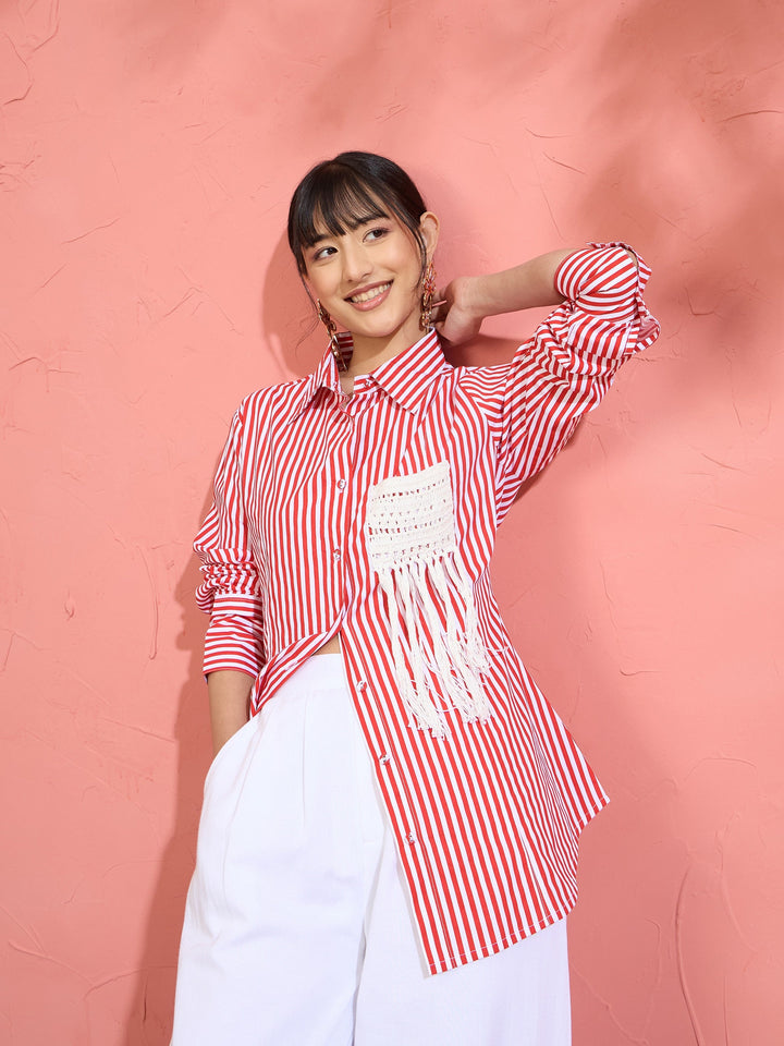 Women Red &amp; White Stripe Slim Fit Shirt