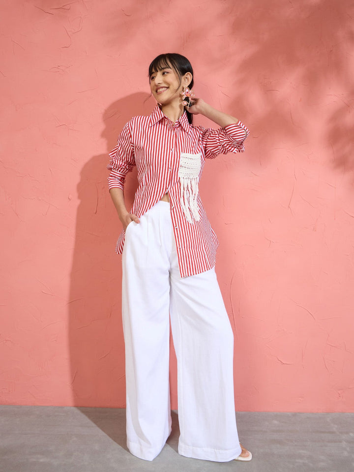 Women Red &amp; White Stripe Slim Fit Shirt