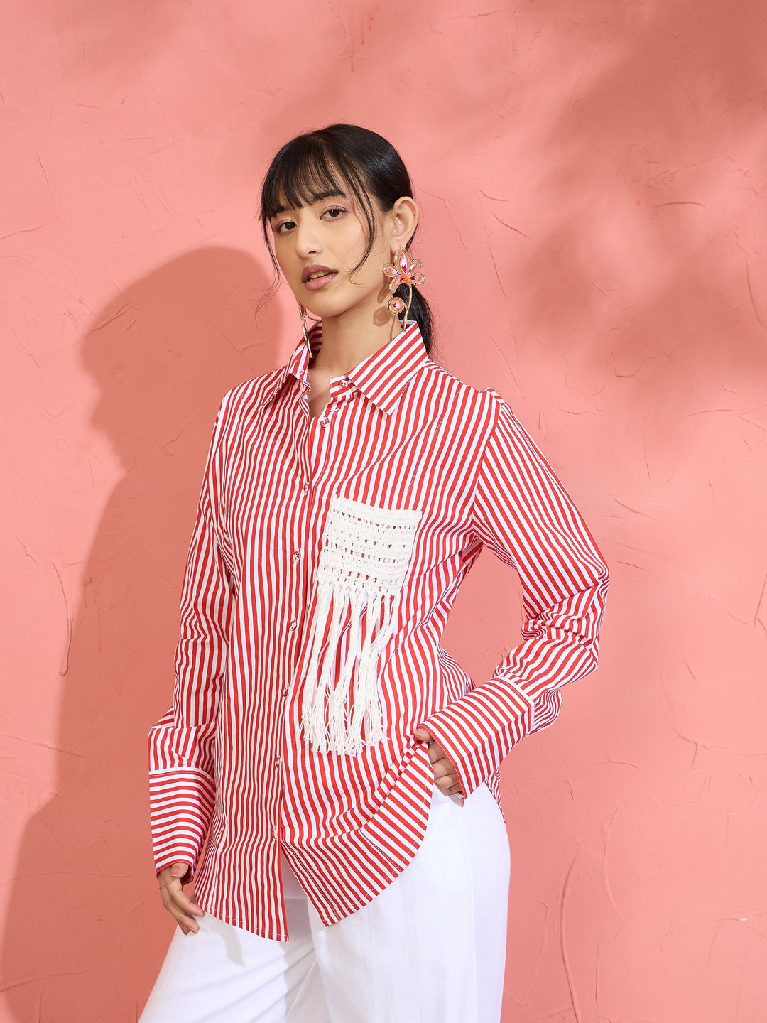 Women Red &amp; White Stripe Slim Fit Shirt
