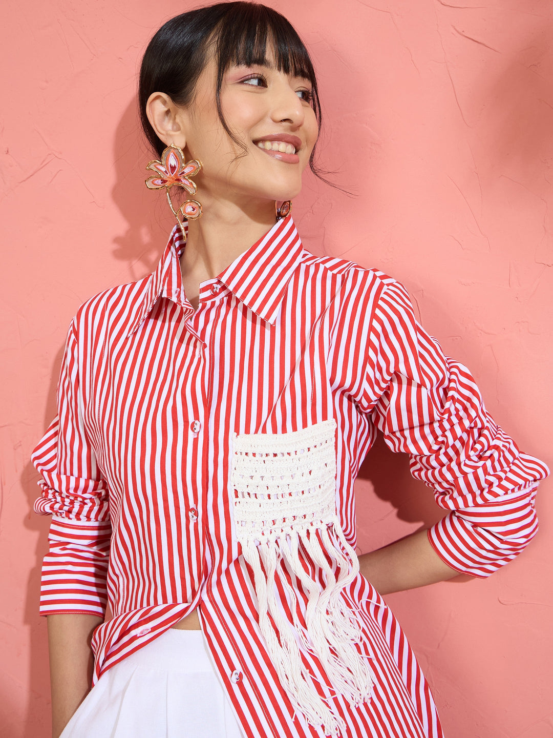 Women Red &amp; White Stripe Slim Fit Shirt