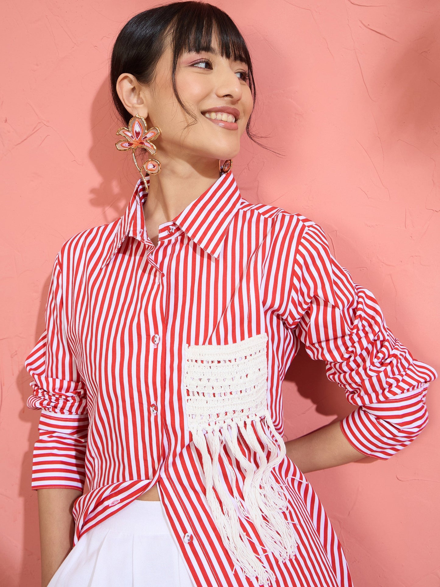 Women Red & White Stripe Slim Fit Shirt