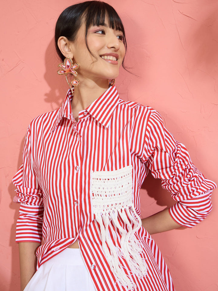 Women Red &amp; White Stripe Slim Fit Shirt