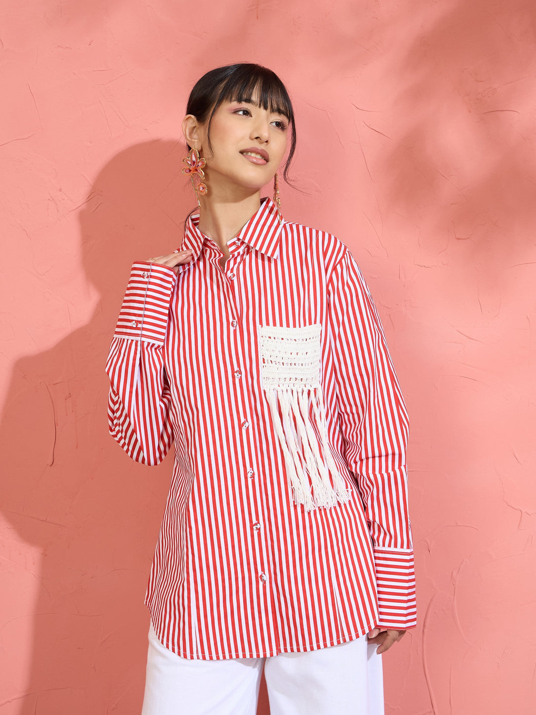 Women Red &amp; White Stripe Slim Fit Shirt