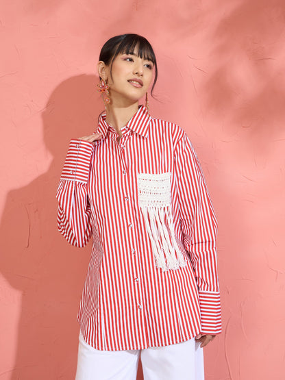 Women Red & White Stripe Slim Fit Shirt