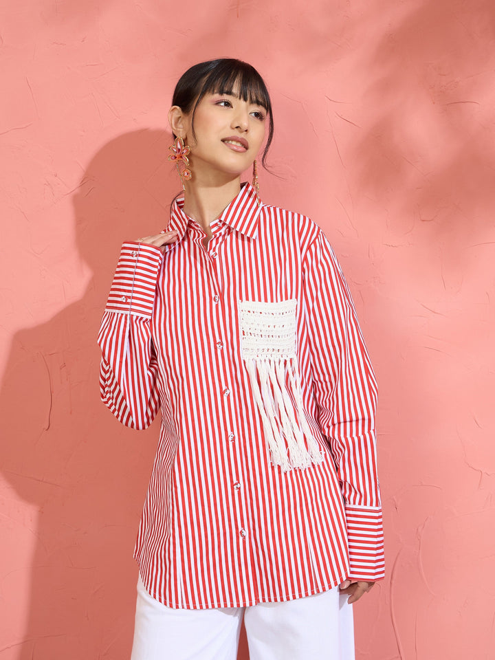 Women Red &amp; White Stripe Slim Fit Shirt