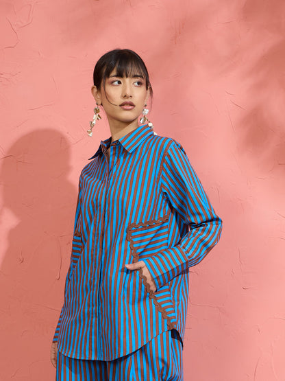 Women Blue & Brown Stripe Ric Rac Regular Shirt