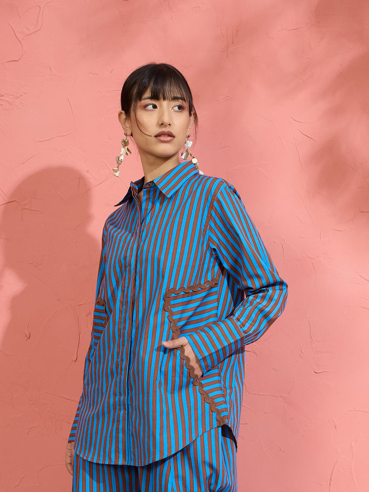 Women Blue &amp; Brown Stripe Ric Rac Regular Shirt
