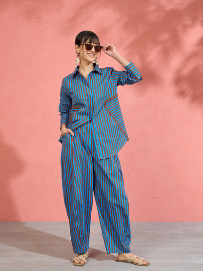 Women Blue & Brown Stripe Ric Rac Regular Shirt