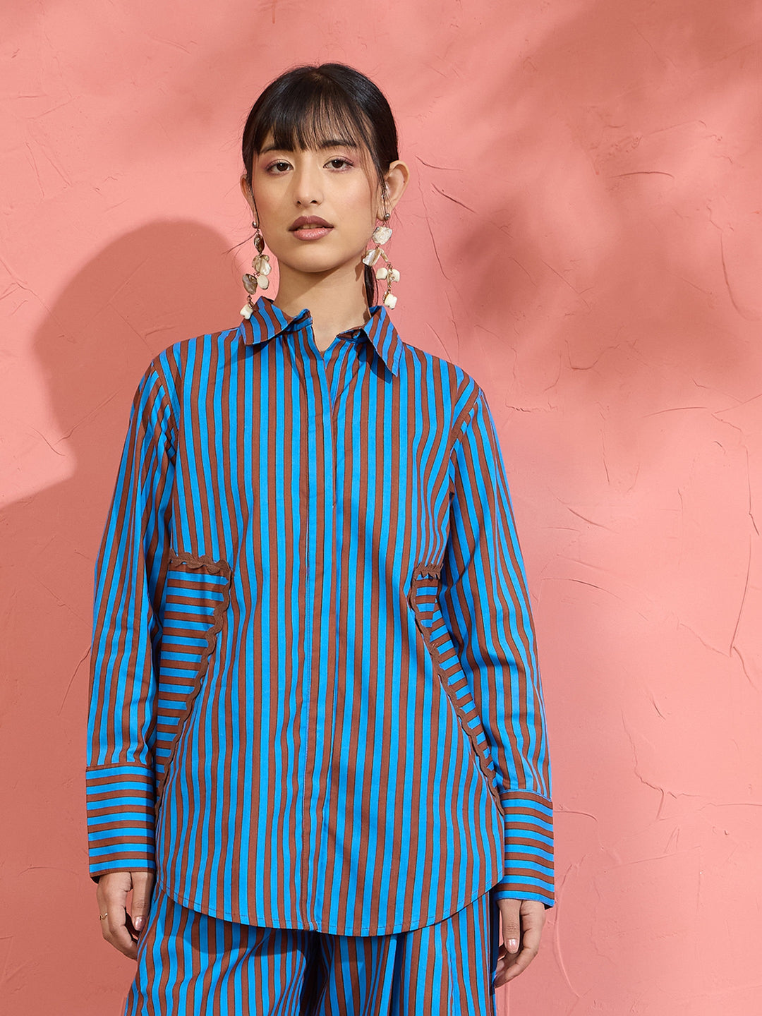Women Blue &amp; Brown Stripe Ric Rac Regular Shirt