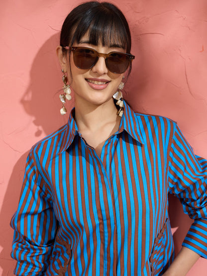 Women Blue & Brown Stripe Ric Rac Regular Shirt