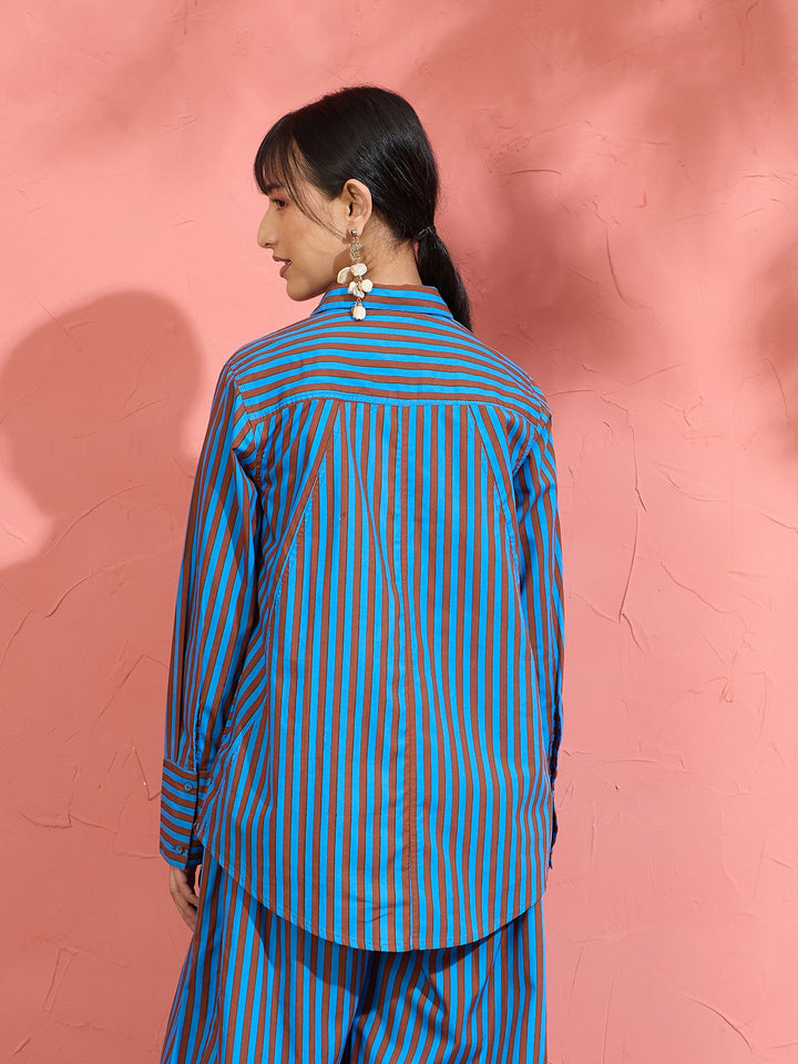 Women Blue &amp; Brown Stripe Ric Rac Regular Shirt