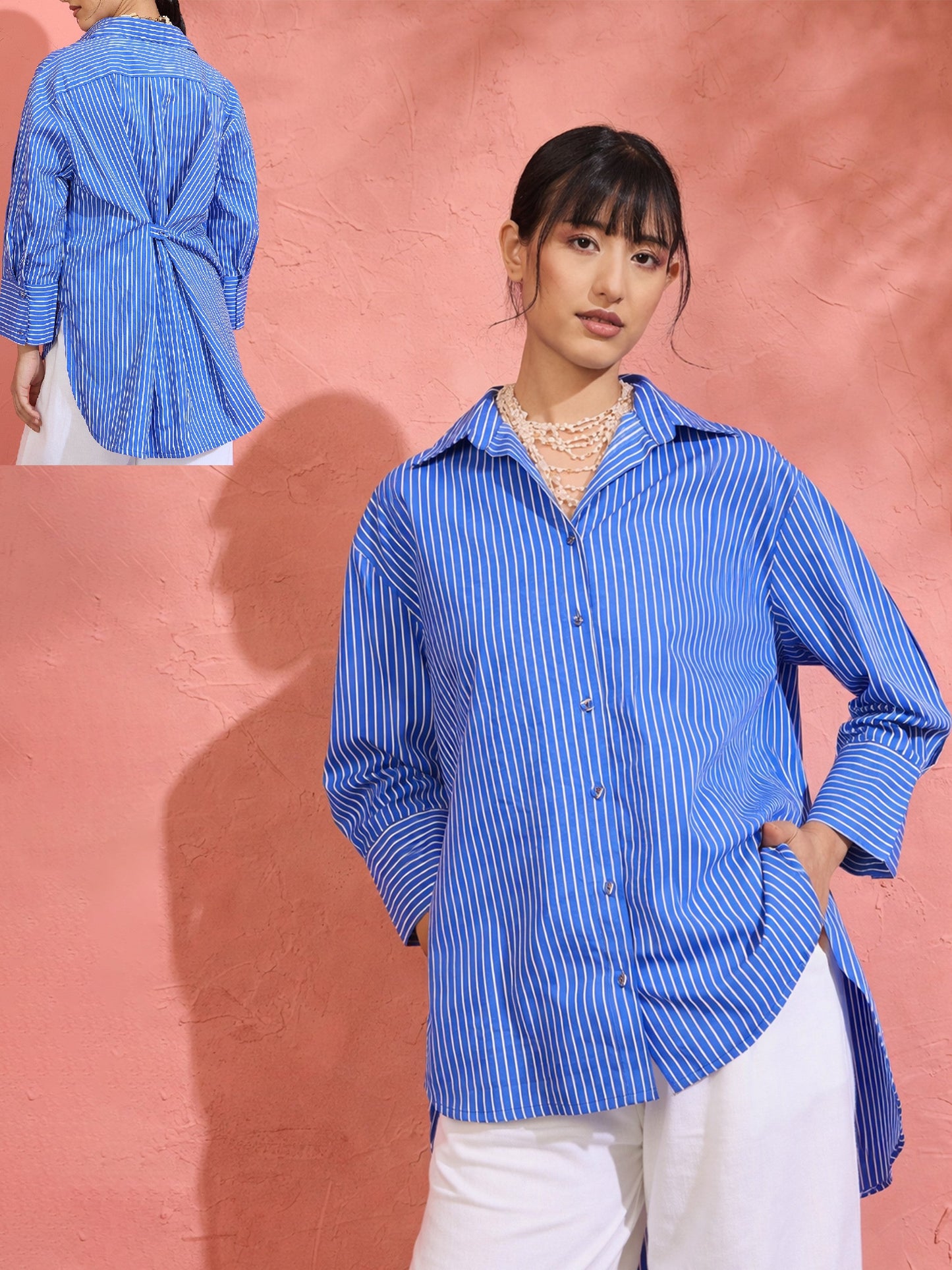 Women Blue Pin Stripe High-Low Oversized Shirt