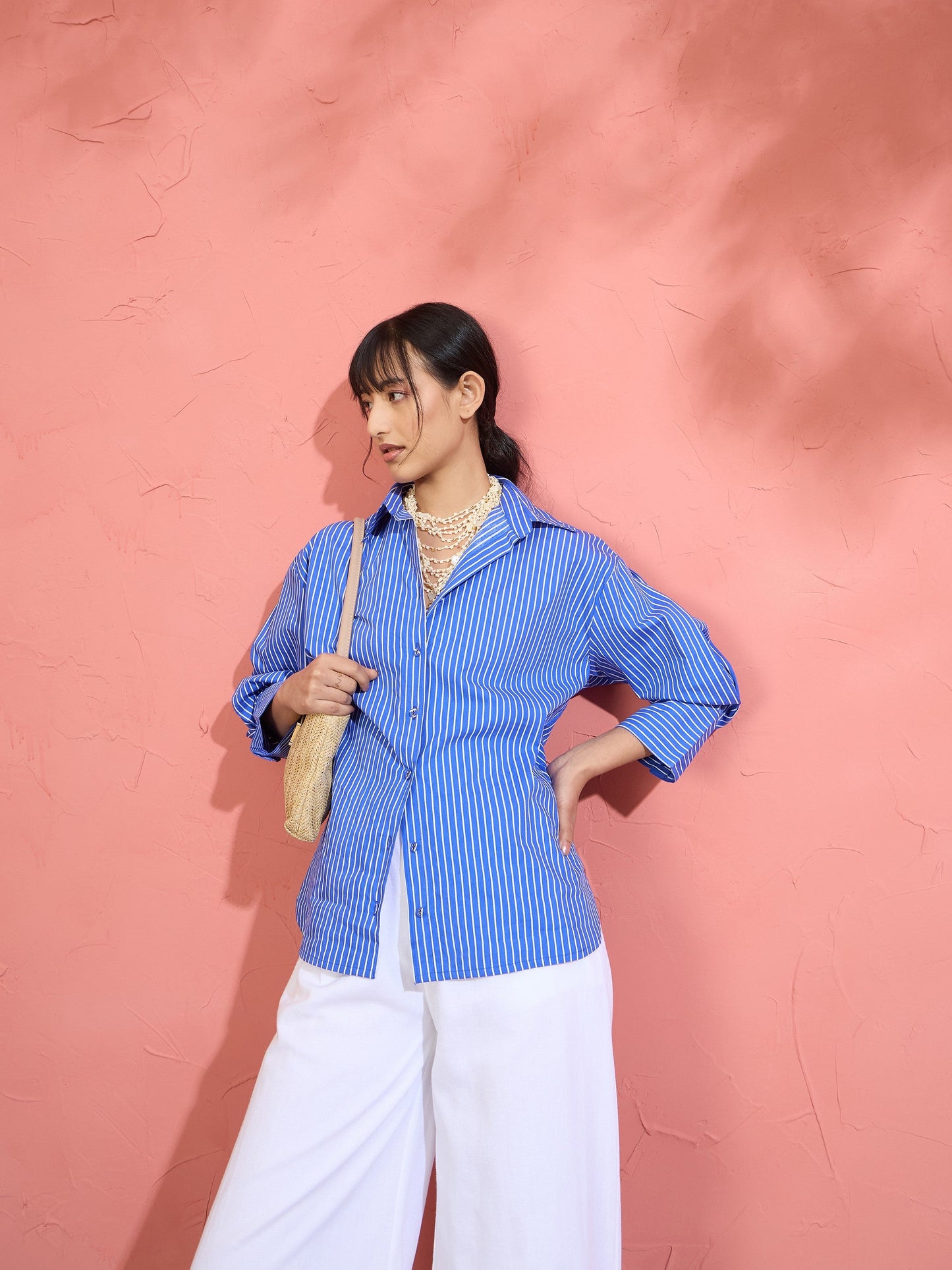 Women Blue Pin Stripe High-Low Oversized Shirt