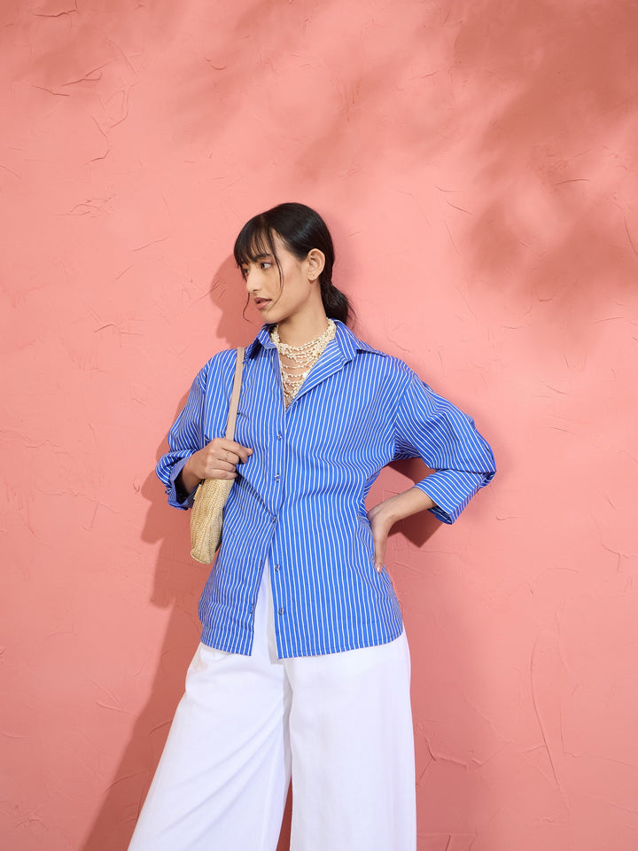 Women Blue Pin Stripe High-Low Oversized Shirt