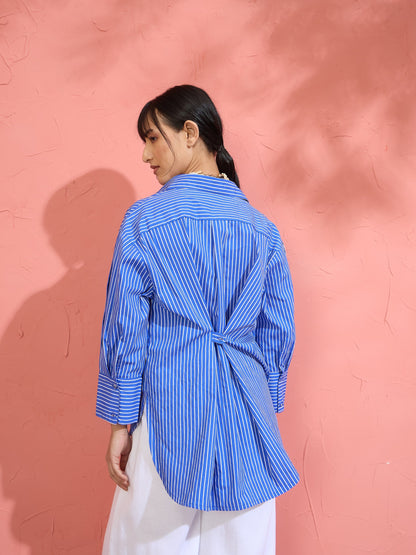 Women Blue Pin Stripe High-Low Oversized Shirt