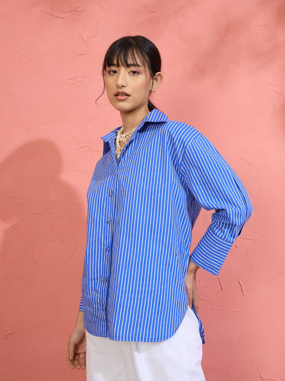 Women Blue Pin Stripe High-Low Oversized Shirt