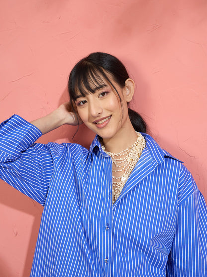 Women Blue Pin Stripe High-Low Oversized Shirt