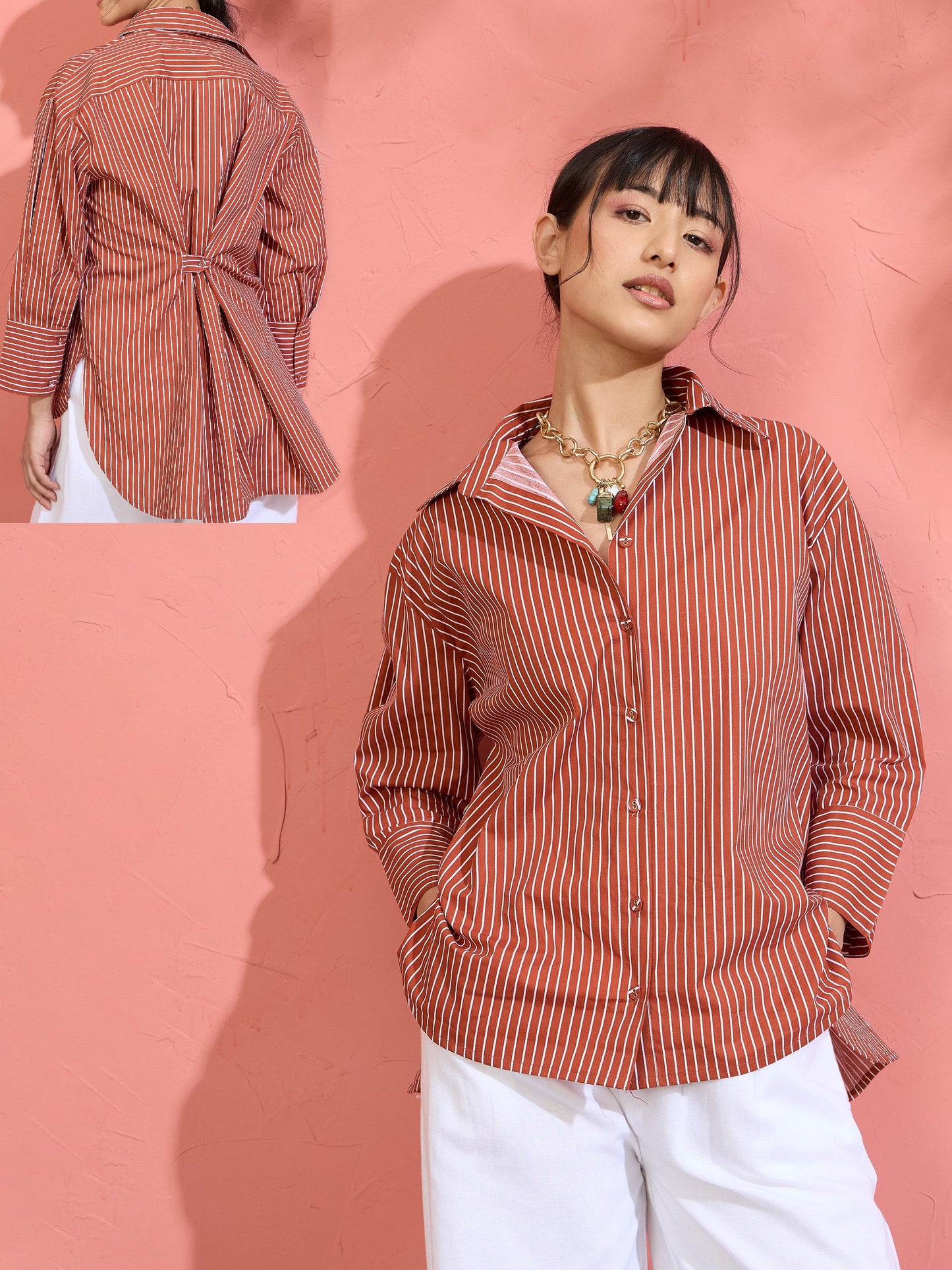 Women Brown Pin Stripe High-Low Oversized Shirt