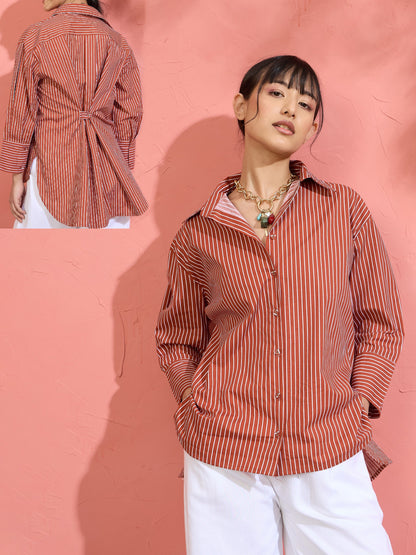 Women Brown Pin Stripe High-Low Oversized Shirt