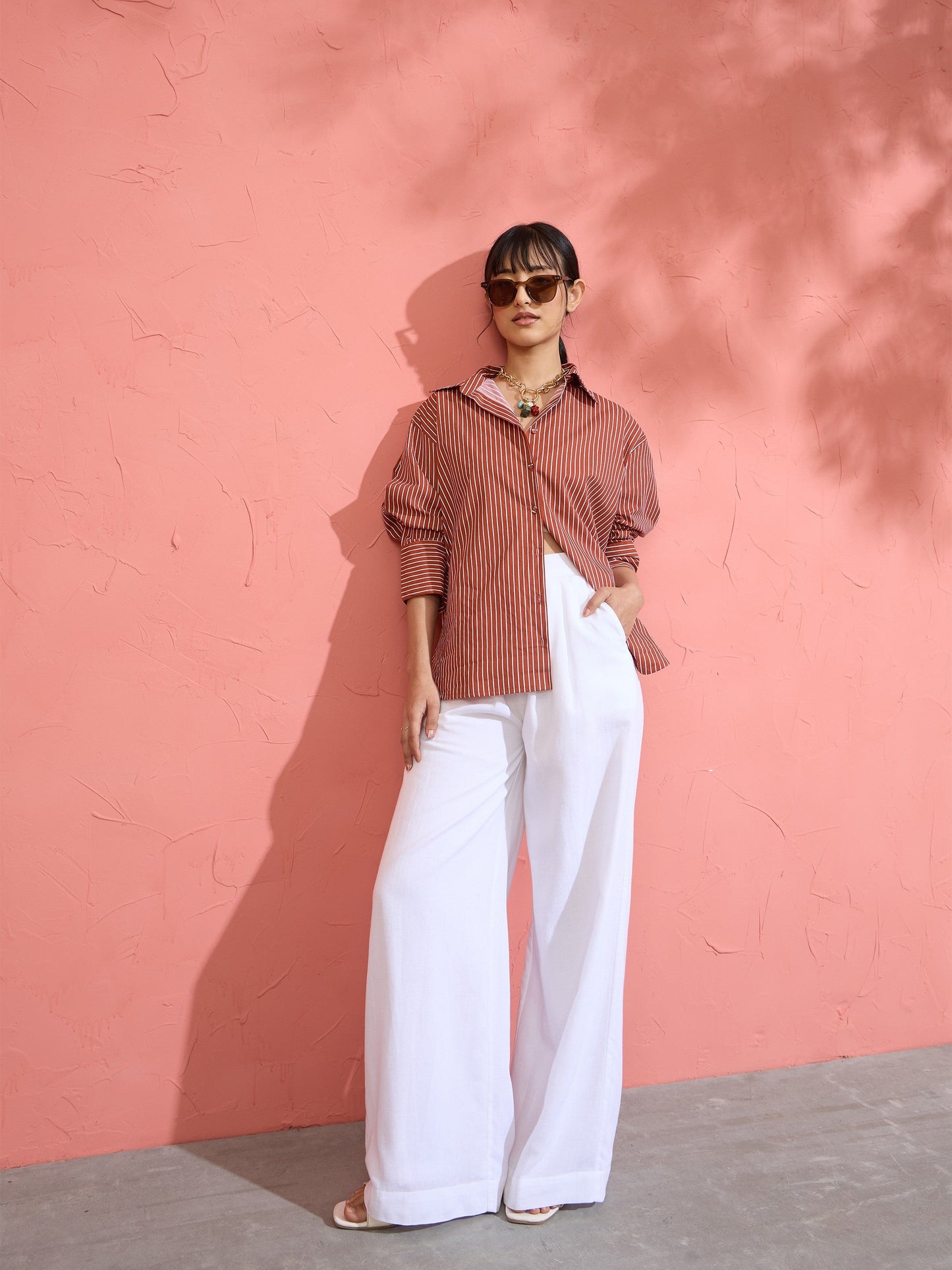 Women Brown Pin Stripe High-Low Oversized Shirt